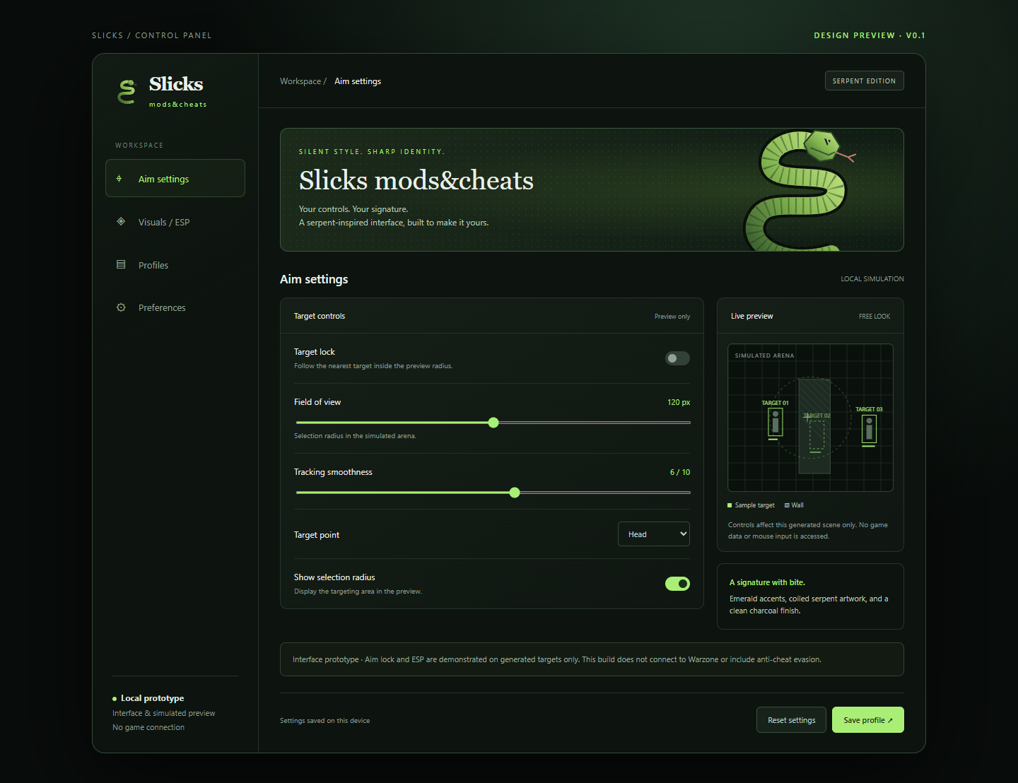 Slicks emerald menu showing aim settings and a simulated arena